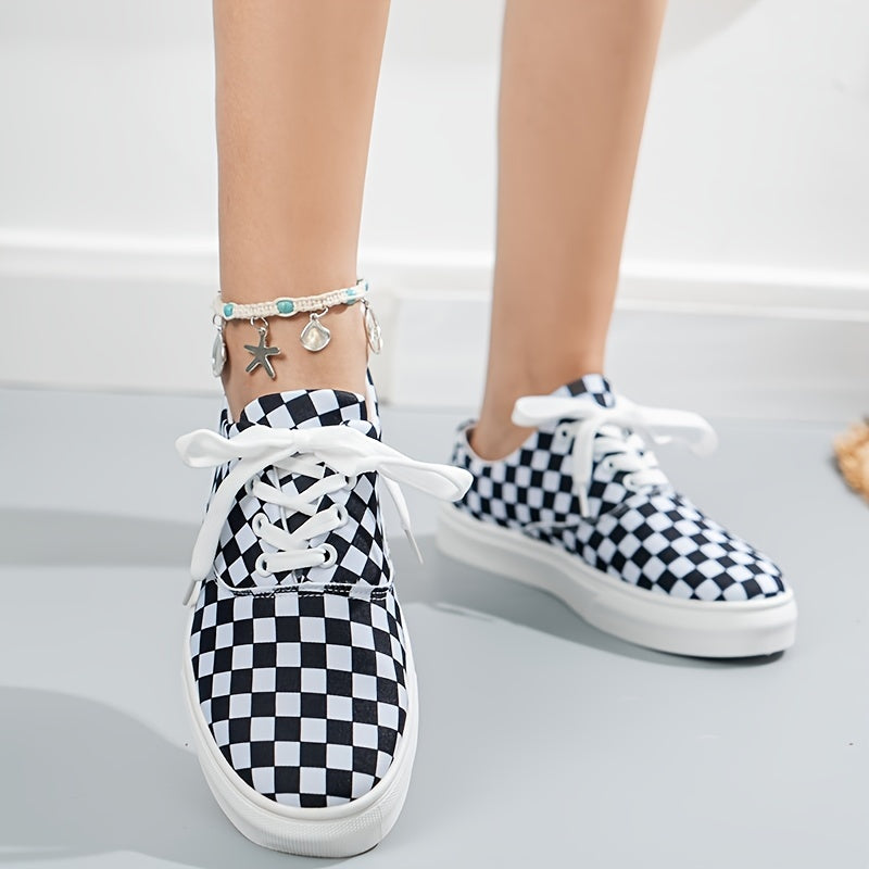 Women's Gingham Lace Up Skate Shoes Low Top Sneaker
