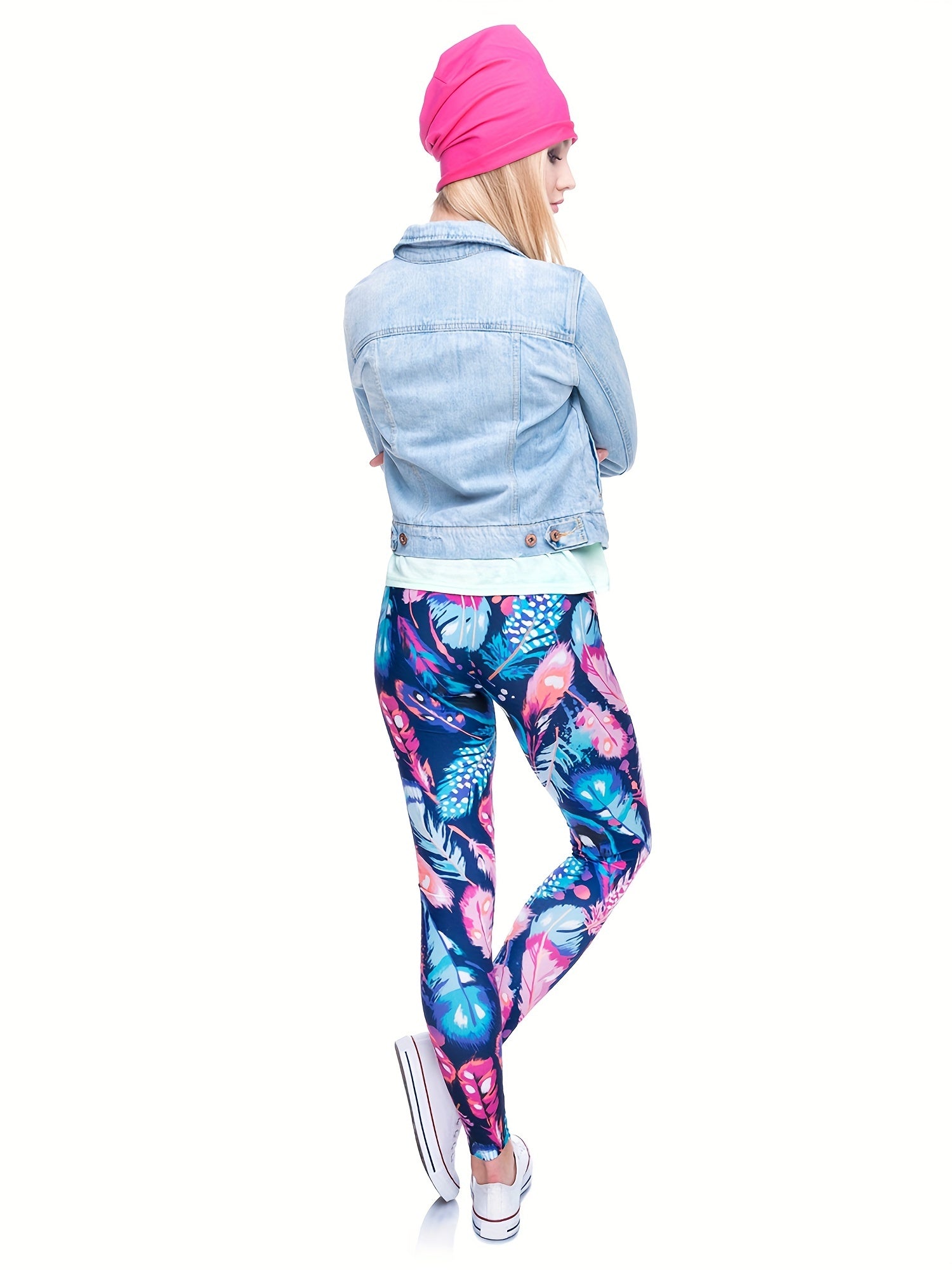 Feather Print Skinny Leggings Stretchy Women's Clothing