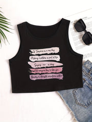 Y2K Letter Print Crop Tank Top Sleeveless Crew Neck Casual Top