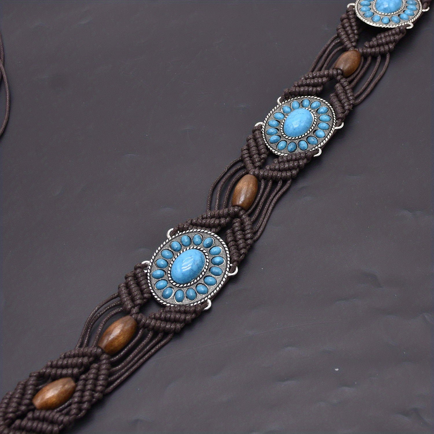 Turquoise Inlaid Braided Belt Boho Hollow Wax Rope Waistband Vintage Dress