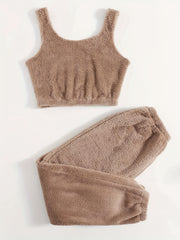 Solid Fuzzy Lounge Set Crew Neck Tank Top & Pants Women's Loungewear