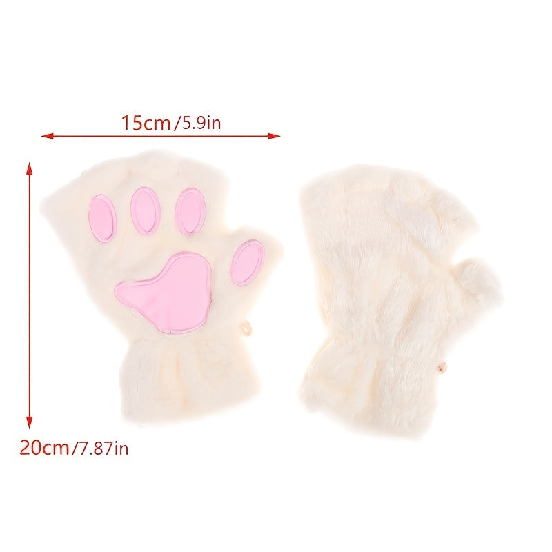 Winter Cartoon Cat Paws Gloves Girl Fingerless Plush Gloves
