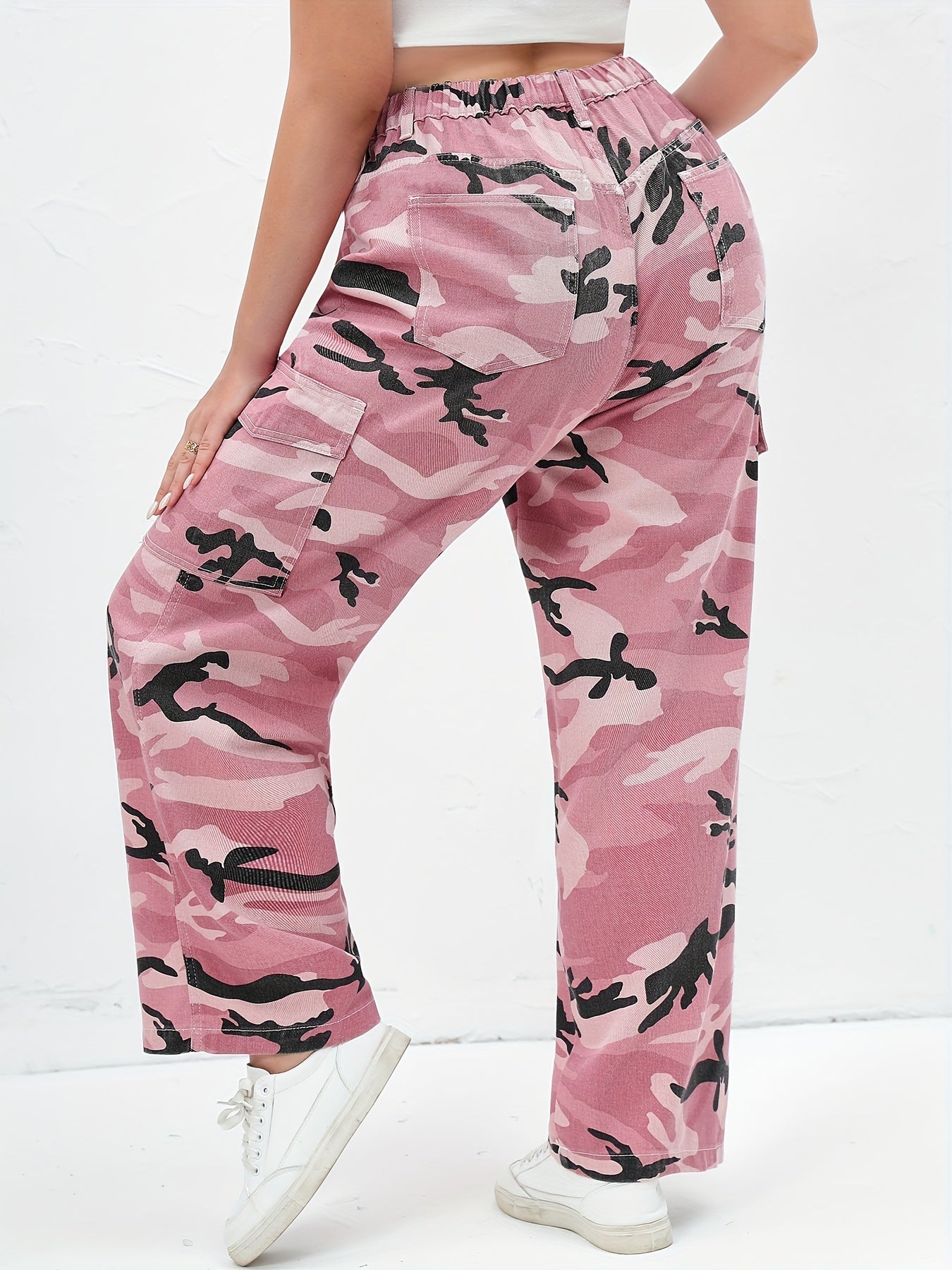 Women's Plus Camo Print Button Fly High Rise Cargo Jeans