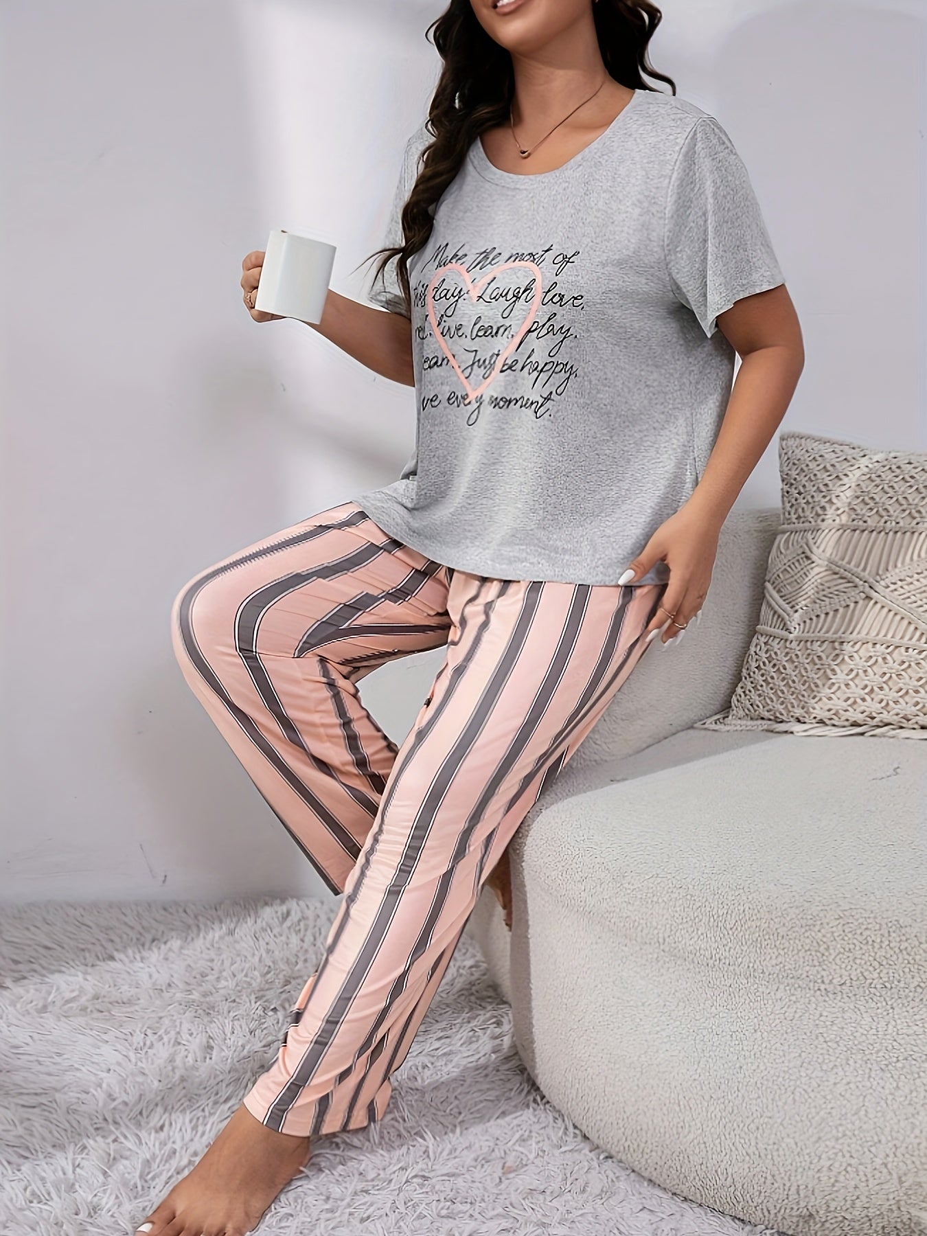  Heart & Slogan Print Tee & Striped Pants Lounge Set