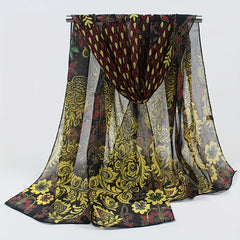Peacock Flower Print Chiffon Scarf Sunscreen Head Wrap