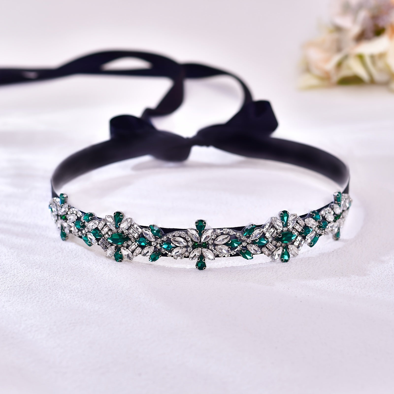 Vintage Green Dress Belt with Rhinestone Waist Sparkle