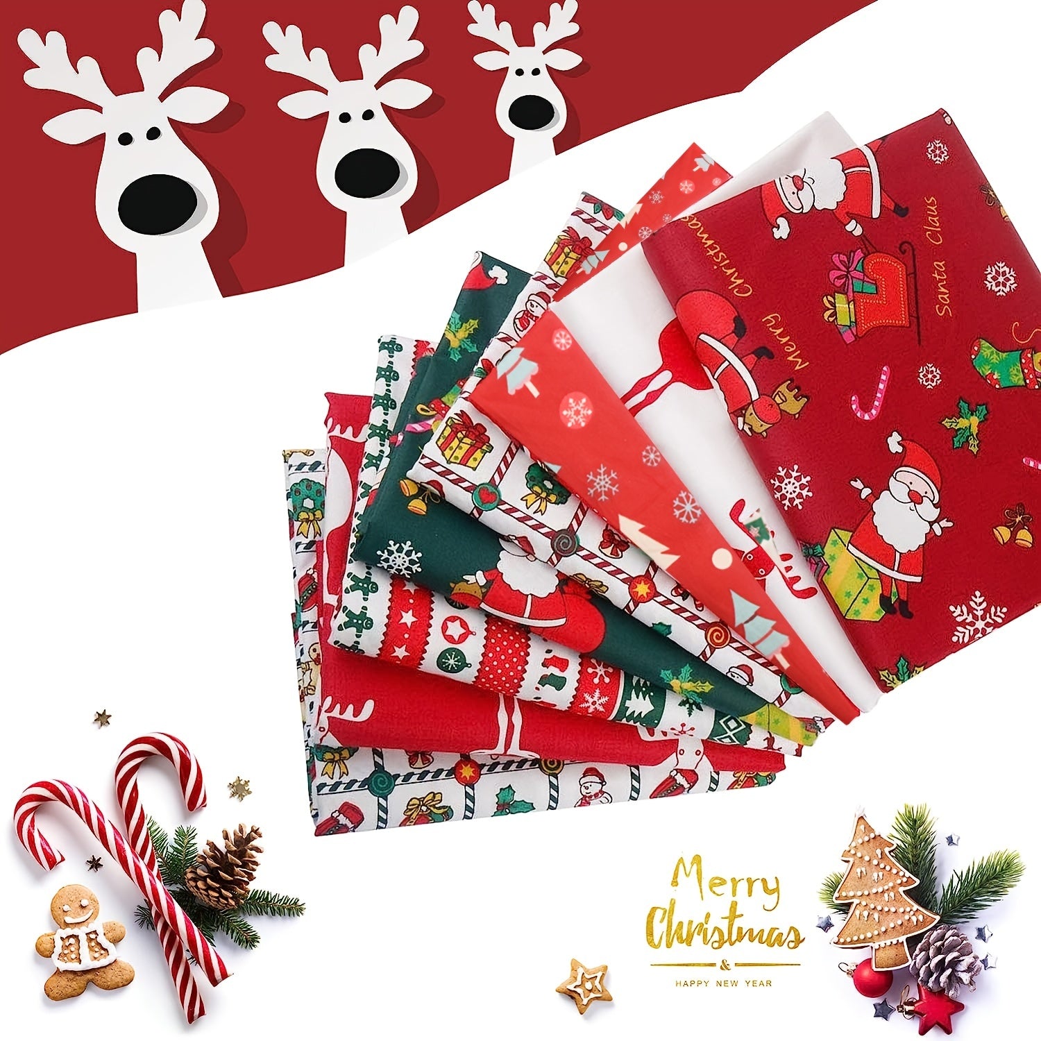 8pcs Christmas Fabric Set Quilting Cotton Craft Fabric Pre Cut Squares