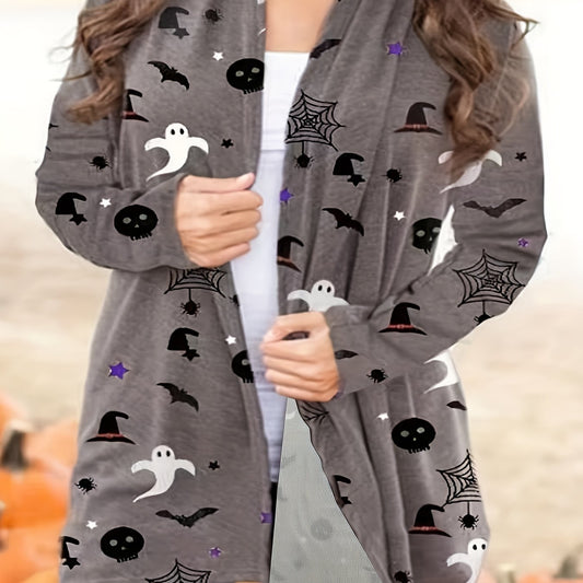Women's Plus Ghost & Pumpkin Print Long Sleeve Cardigan