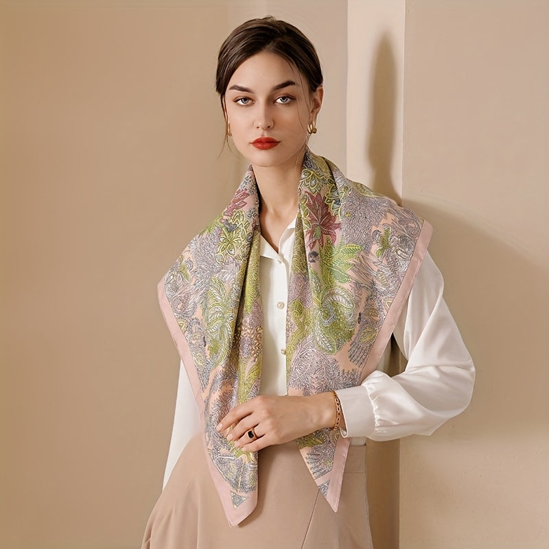 Floral Boho Style Neck Scarf Square Silky Scarf French Retro Style for Women