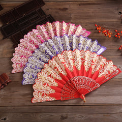 Chinese Floral Pattern Handheld Folding Fan Golden Fan Plastic Bone Portable