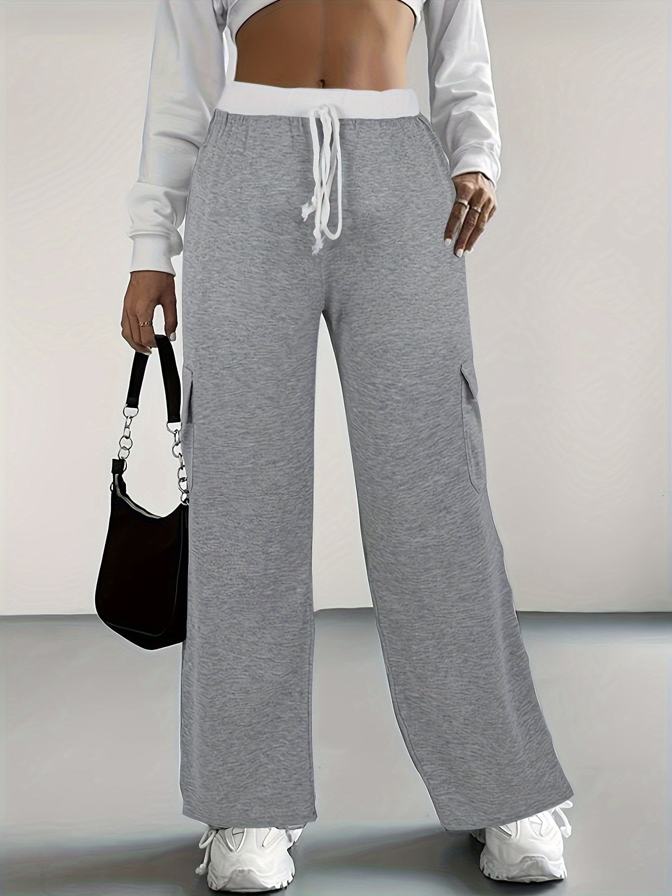  Wide Leg Cargo Trousers Elastic Drawstring High Rise