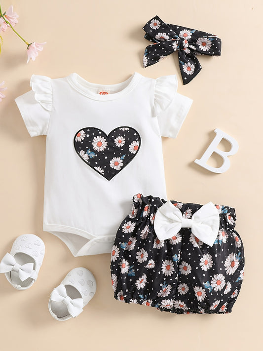 Baby Heart Floral Outfit Onesie & Shorts & Headband Short Sleeves Kids Clothes