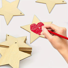10pcs Natural Wooden Star Hollow Decoration with Hemp Rope for DIY Craft