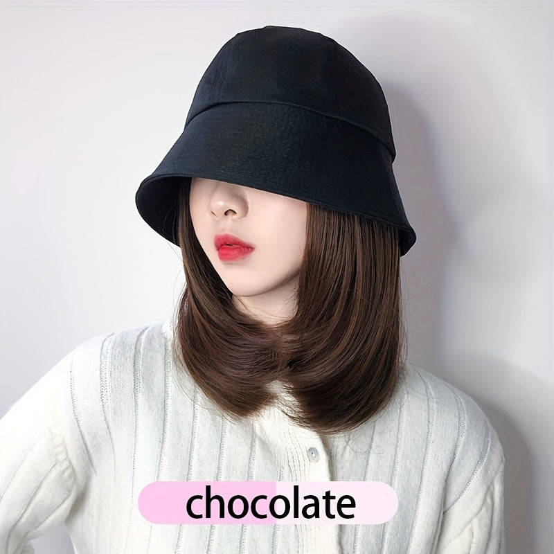 Women's Bucket Hat Wig Shoulder Length Curly Hair Solid Outdoor Sunscreen Hat