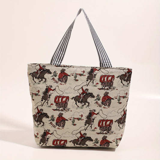 Vintage Cartoon Print Tote Bag Canvas Shoulder Handbag Women's Satchel Purse