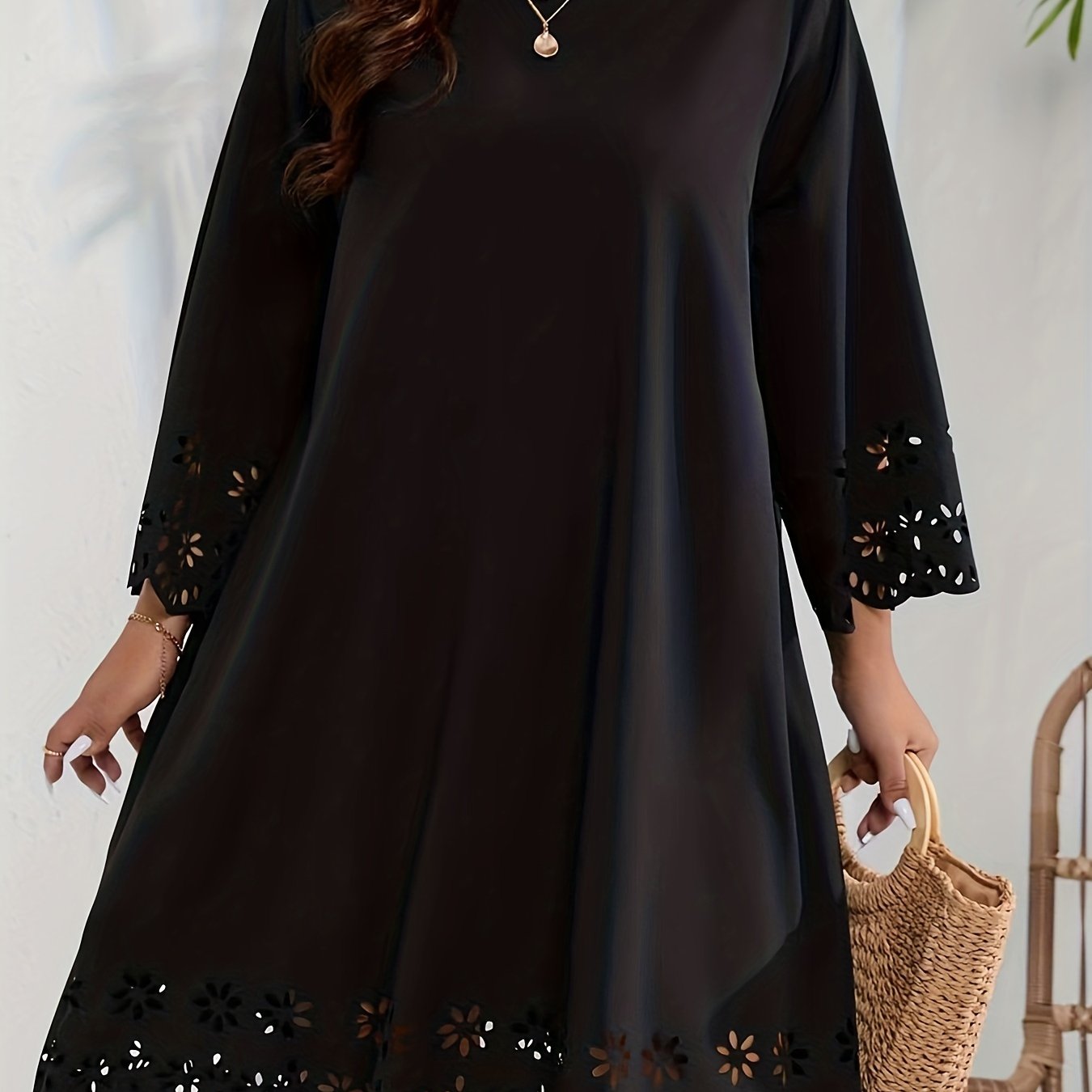  Laser Cut Long Sleeve Floral Trim Dress