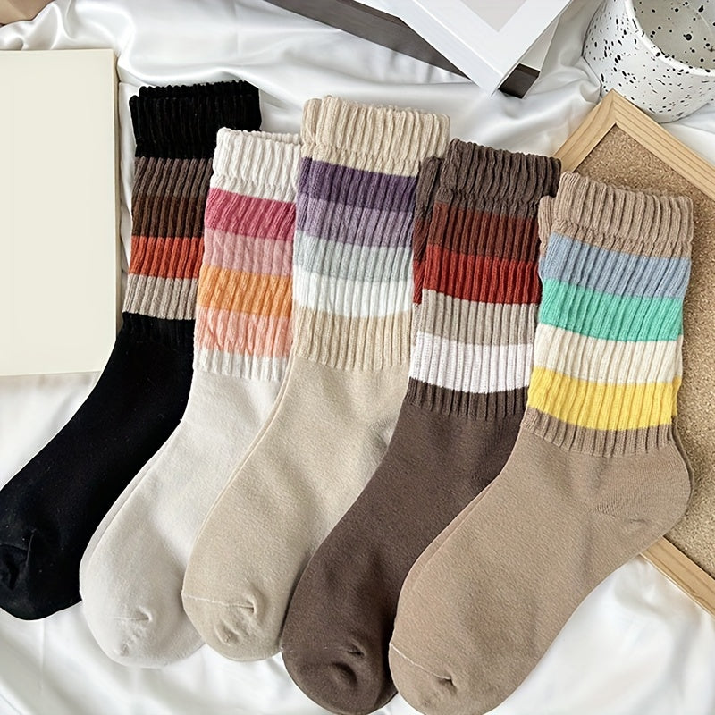 5 Pairs Colorblock Striped Socks Comfy & Breathable Mid Tube Socks