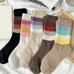 5 Pairs Colorblock Striped Socks Comfy & Breathable Mid Tube Socks