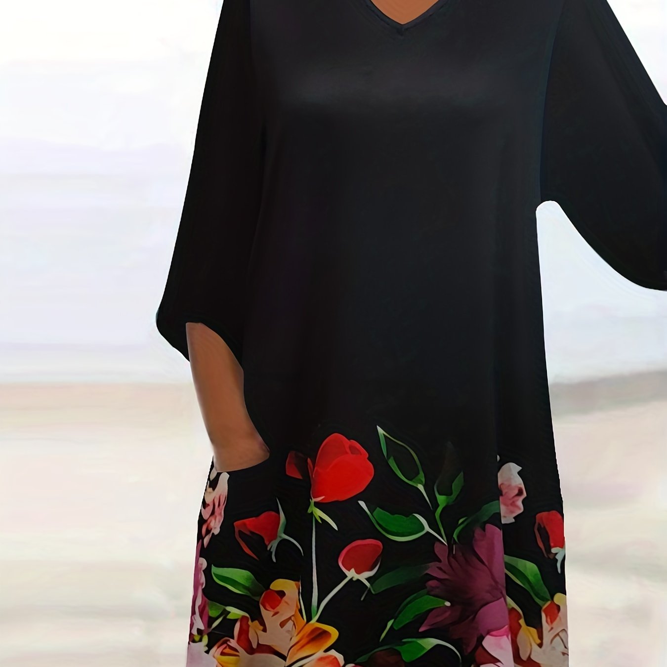  Floral Print V Neck Dress With Pockets