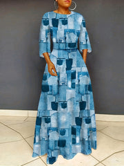  Denim Print Maxi Dress with Pockets