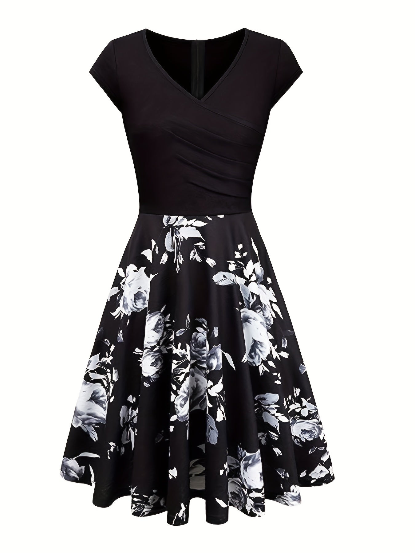 Floral Print Ruched Cap Sleeve V Neck A line Dress