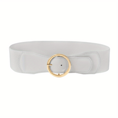 Wide PU Belt with Round Buckle Elastic Waistband
