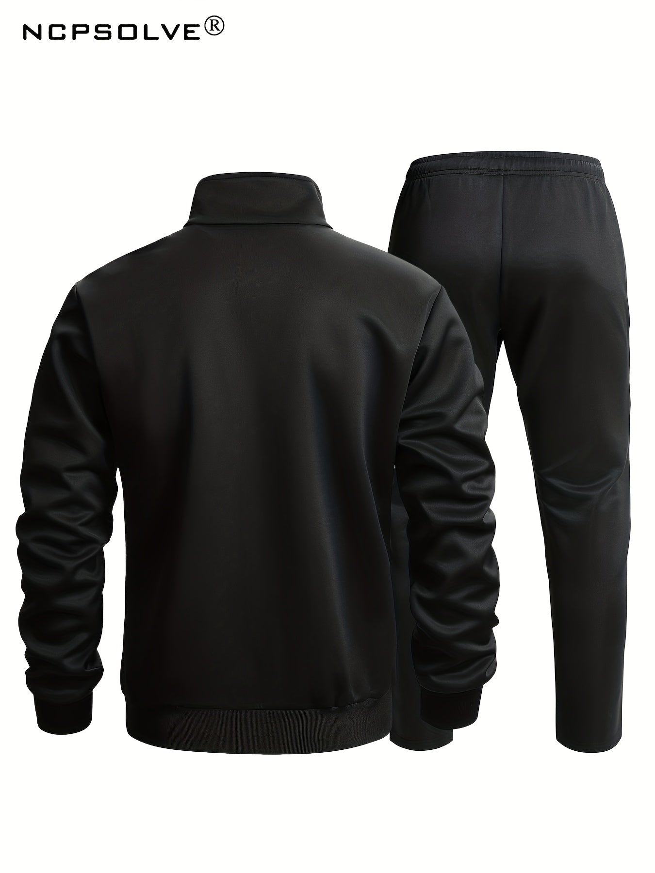 Men's Sports Suit Solid Stand Collar Zip Up Jacket & Stretch Elastic Waist Pants