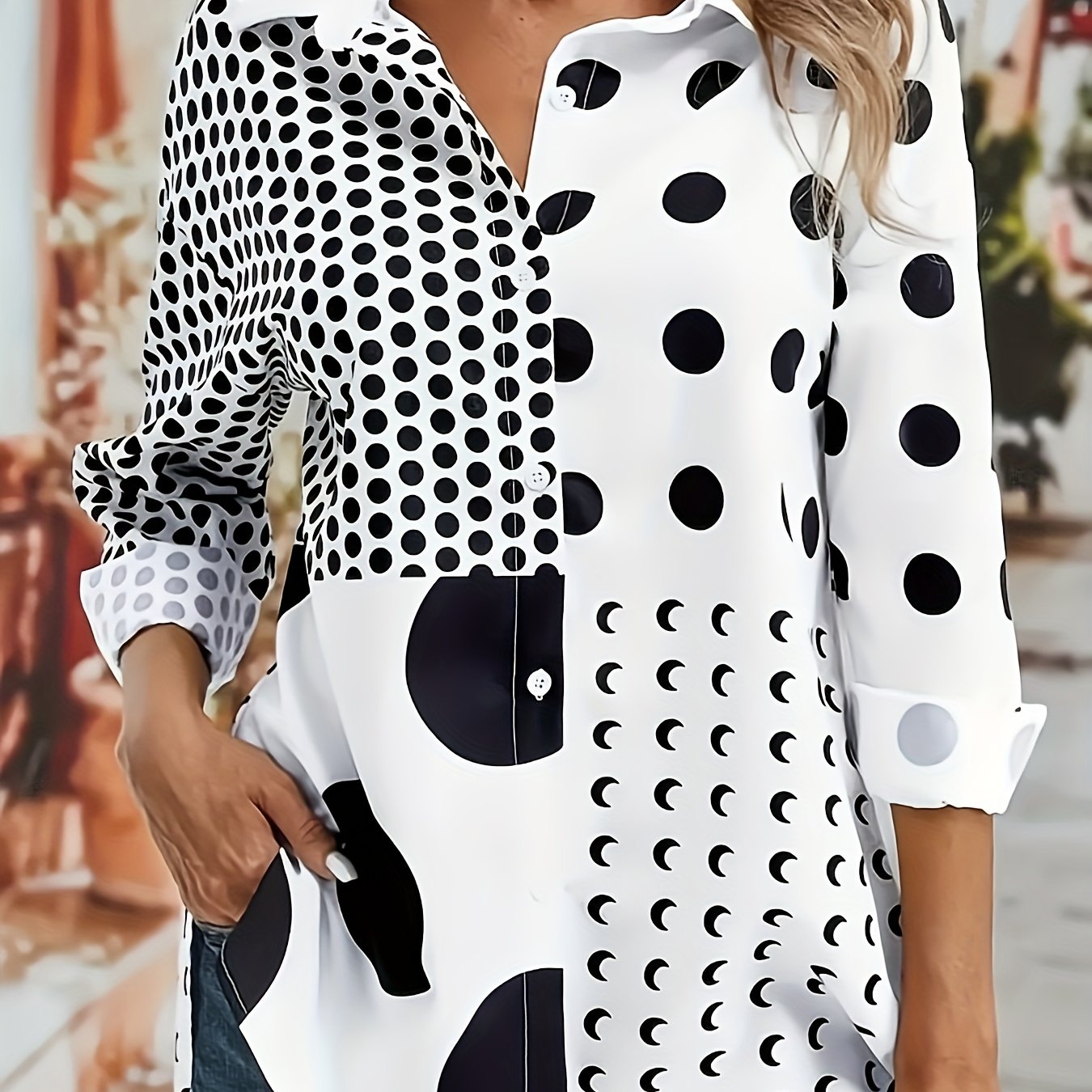  Dot Print Button Up Collar Blouse