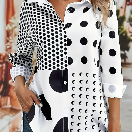  Dot Print Button Up Collar Blouse