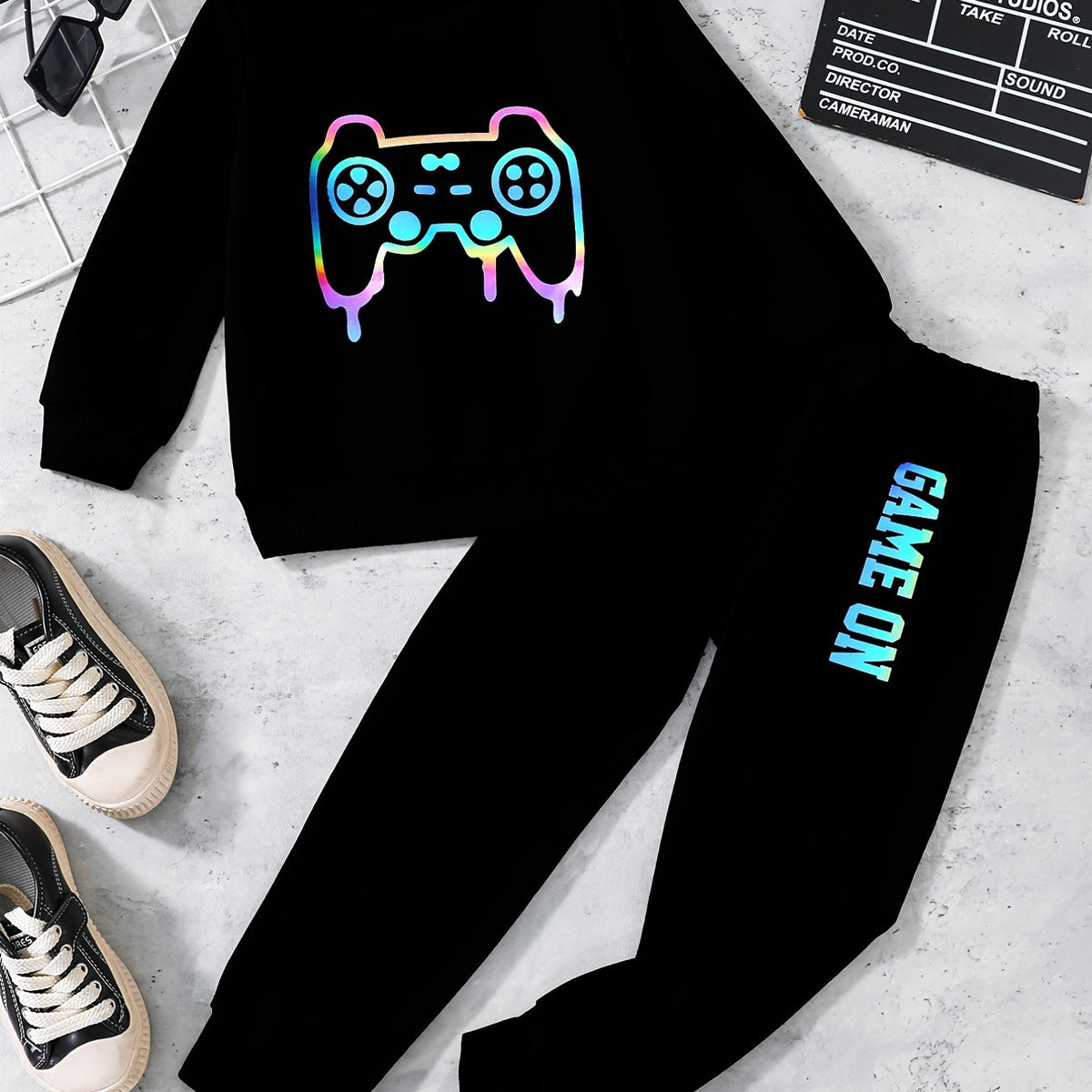 2pcs Boy Reflective Sports Sweatsuit Set