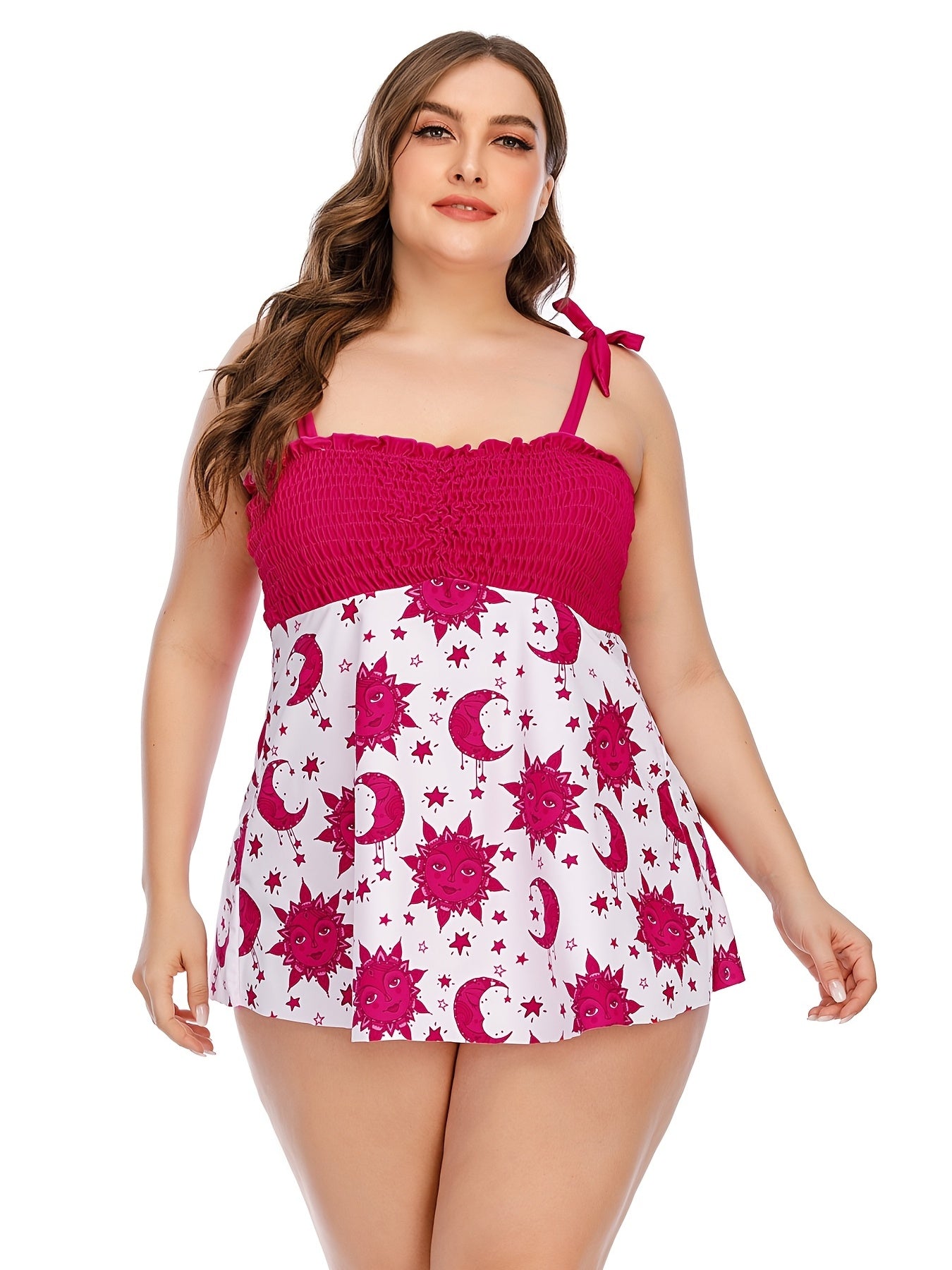  Sun & Moon Print Shirred Top & Panty Swimsuit Set 2pcs