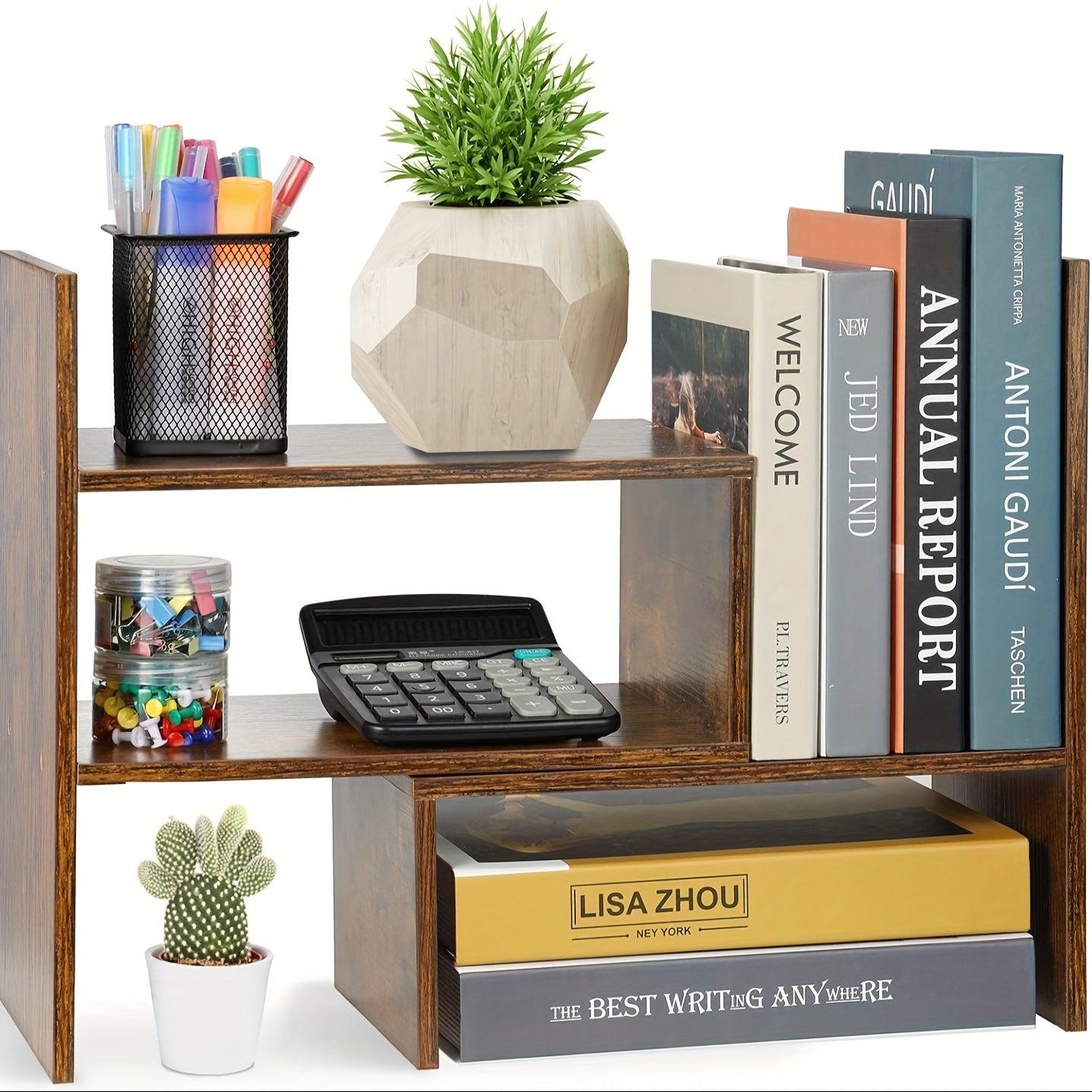 Desktop Bookshelf Office Retractable Storage Bookcase Wooden Rack