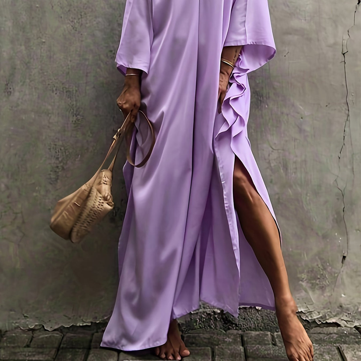  Vacay Cover Up Women's Plus Solid Batwing Sleeve V Neck Maxi Split Kaf