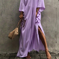  Vacay Cover Up Women's Plus Solid Batwing Sleeve V Neck Maxi Split Kaf