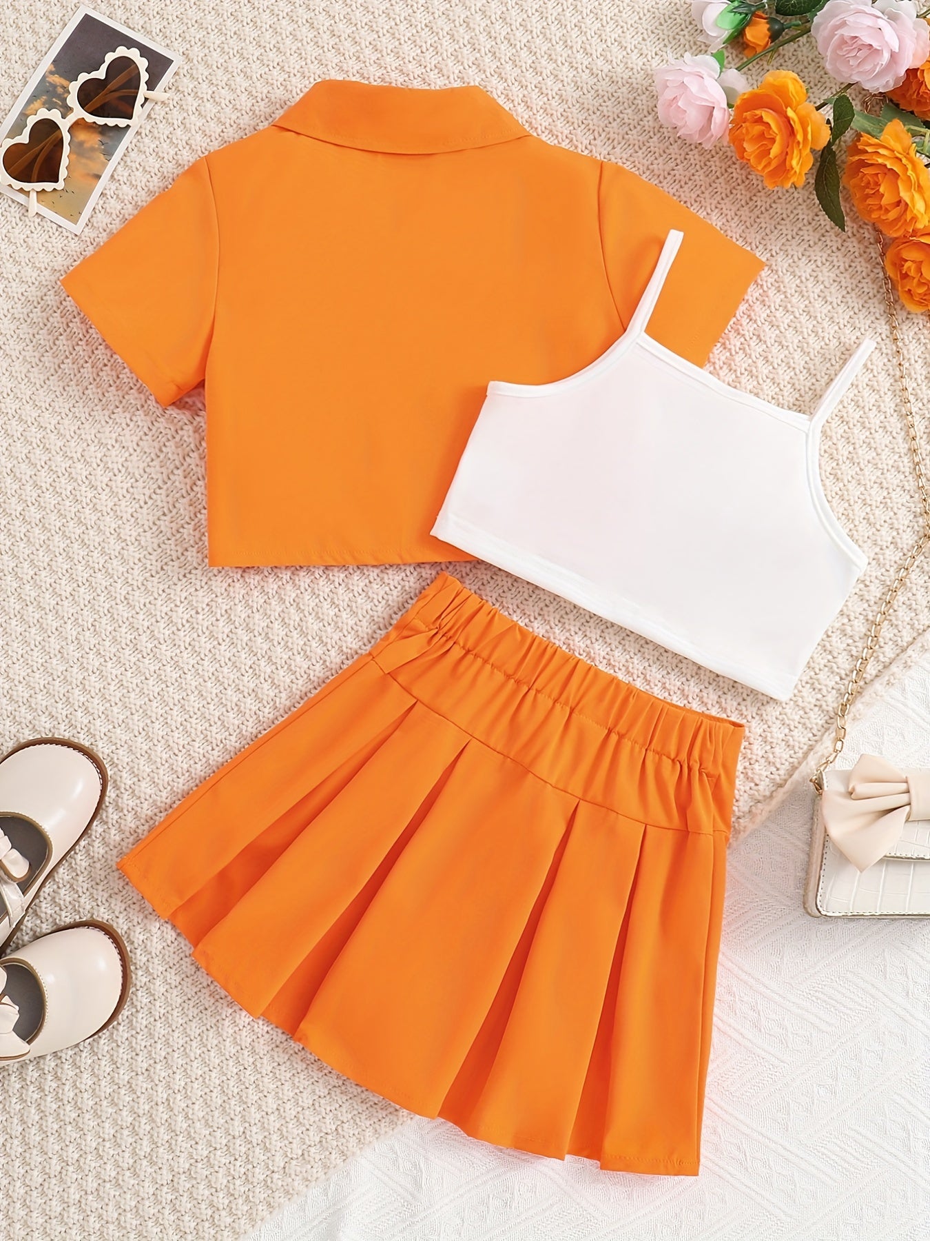 3pcs Girls Button Shirt & Pleated Skirt & Cami Crop Top Set