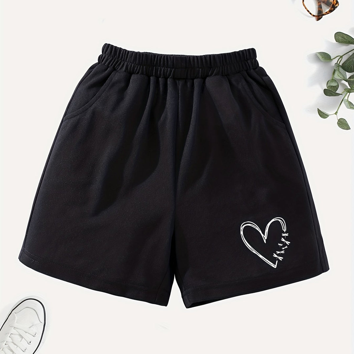 Girls' Casual Heart Graphic Shorts with Pockets