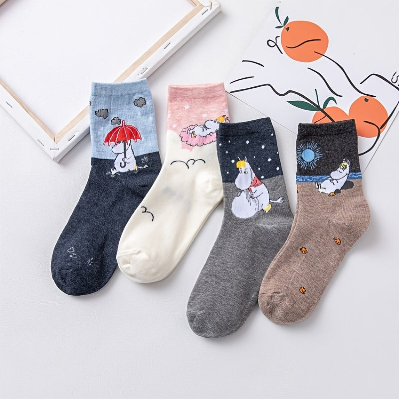 4 Pairs Cartoon Print Socks Soft Mid Tube Socks Women's Stockings