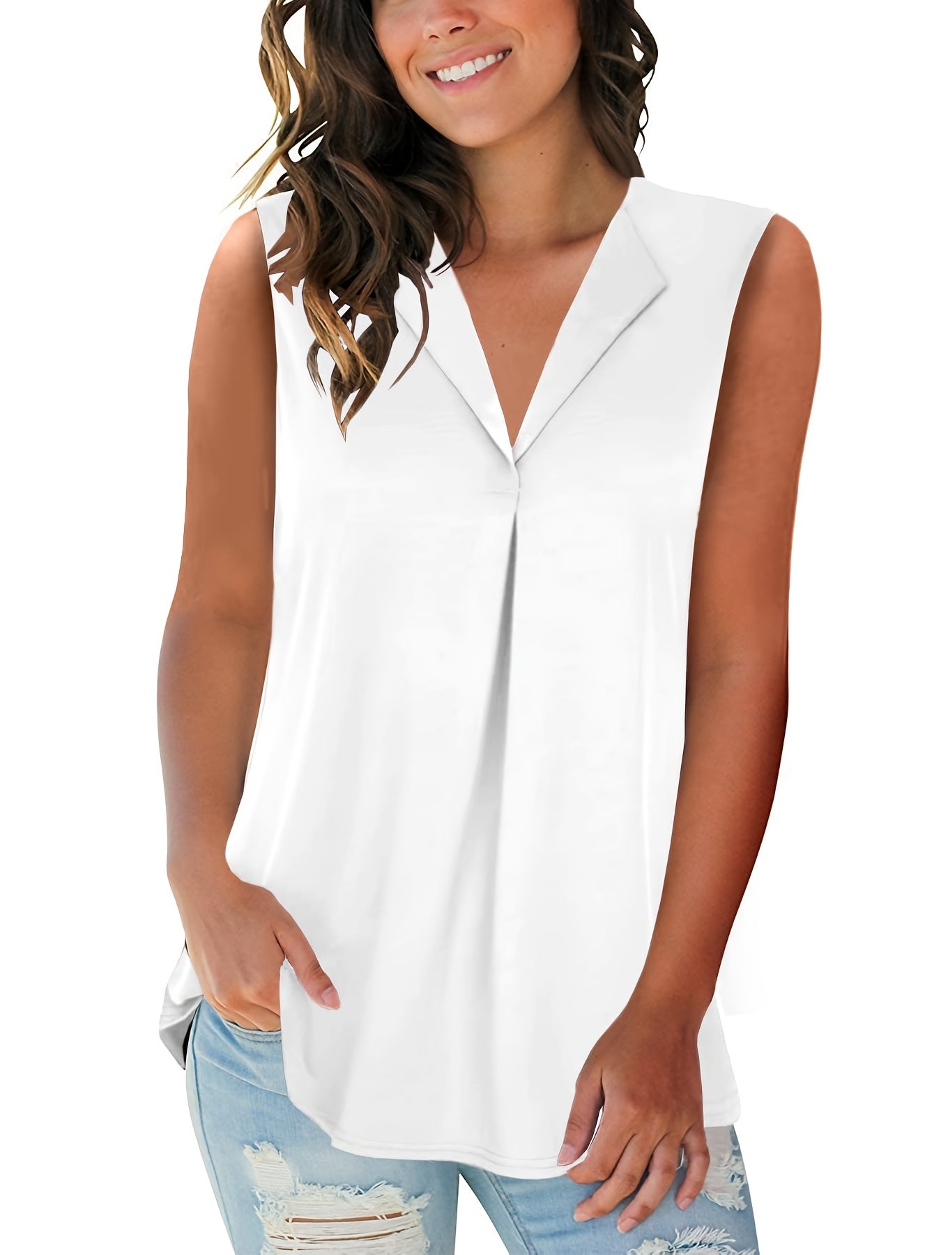 Solid V Neck Sleeveless Tank Top Loose Office Work