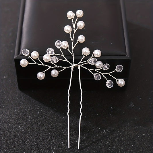Silvery Crystal Faux Pearl Hairpins U shaped Hair Pin Wedding Bridal Hair Sticks