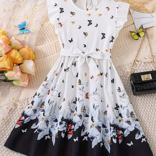 Girls Butterfly Graphic Princess Dress with Ruffle Trim & Belt for Party & Beach