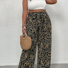  Floral Print Wide Leg Trousers w/ Belt