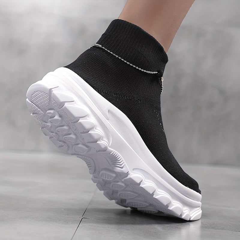 Women's High Top Slip on Socks Sneakers Chain Decor Comfy Non Slip Walking Shoes
