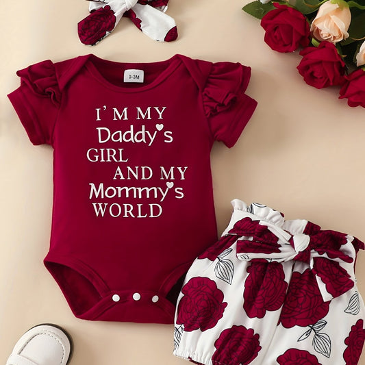 3pcs Baby Girls Daddy's Girl & Mommy's World Set - Onesie, Shorts & Headband