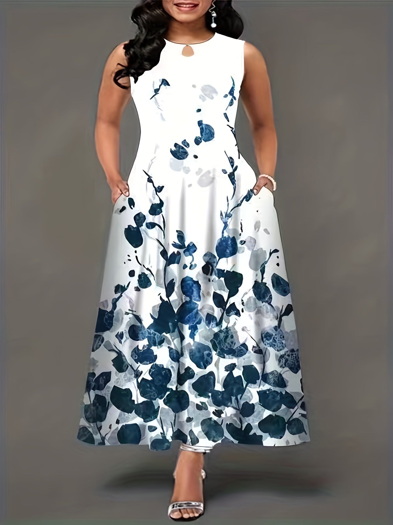  Leaf Print Maxi Tank Dress With Pockets