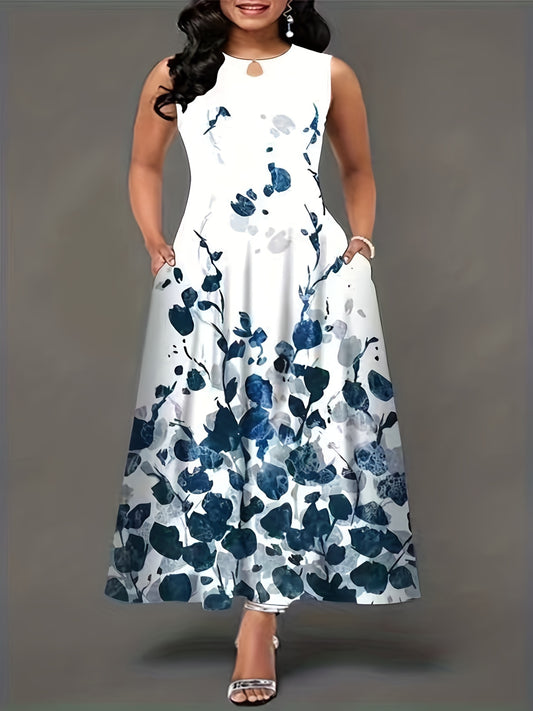  Leaf Print Maxi Tank Dress With Pockets