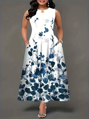  Leaf Print Maxi Tank Dress With Pockets