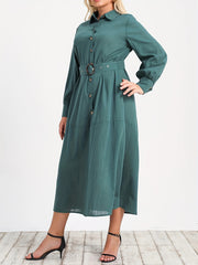  Solid Button Up Lantern Sleeve Shirt Dress With Belt