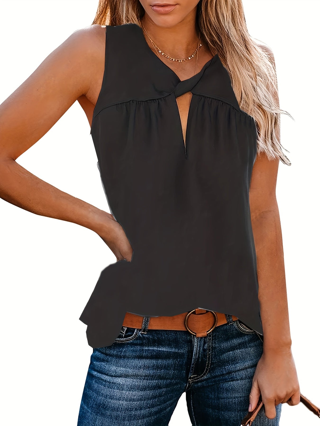 Twist Front Pleated Tank Top Sleeveless Summer Top