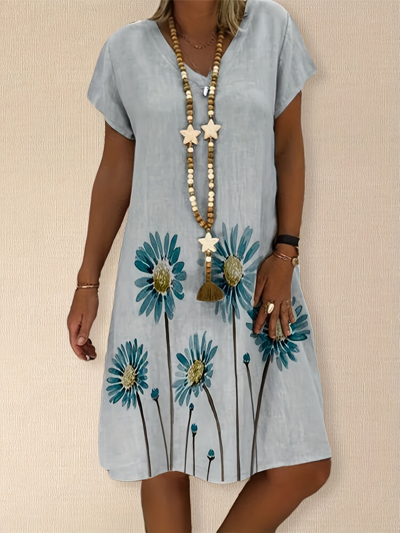 Floral Print V-Neck Tee Dress Plus Size Casual Wear