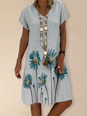 Floral Print V-Neck Tee Dress Plus Size Casual Wear